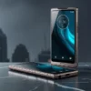 Motorola Razr 2025 shown folded and unfolded with glowing OLED displays, highlighting flip design in a modern lifestyle setting